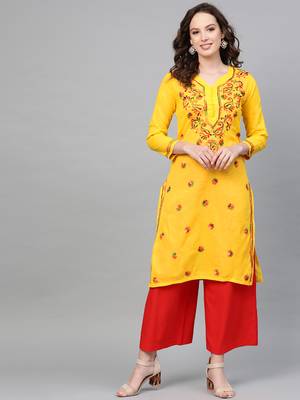 Mustard hand woven cotton chikankari-kurtis 1
