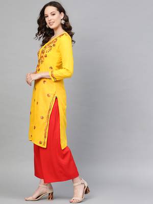 Mustard hand woven cotton chikankari-kurtis 3