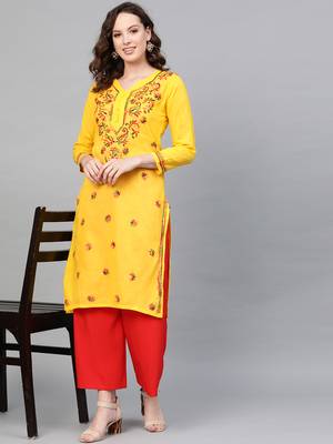 Mustard hand woven cotton chikankari-kurtis 4