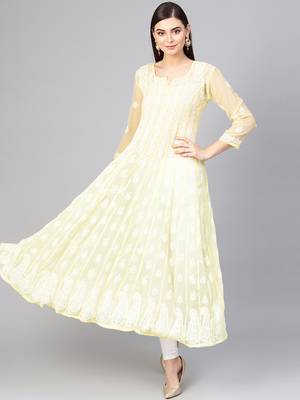 Lemon hand woven georgette chikankari-kurtis 1