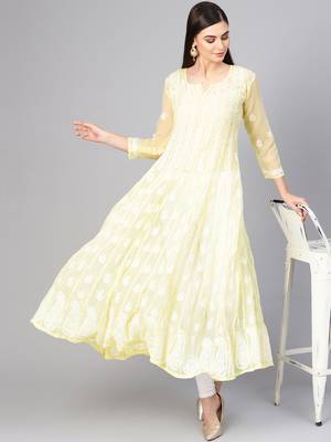 Lemon hand woven georgette chikankari-kurtis 3