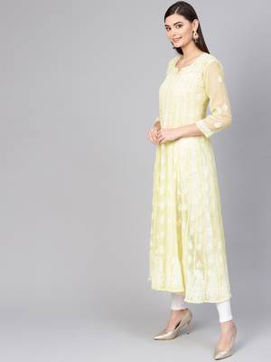 Lemon hand woven georgette chikankari-kurtis 4
