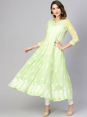 Green hand woven georgette chikankari-kurtis 1