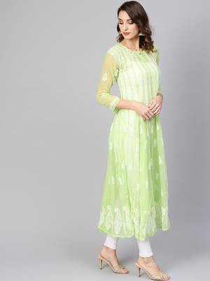 Green hand woven georgette chikankari-kurtis 3