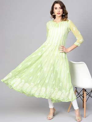 Green hand woven georgette chikankari-kurtis 4