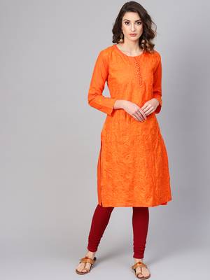Orange embroidered cotton embroidered-kurtis 1
