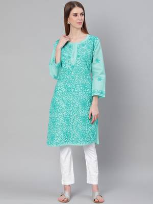 Sea-green embroidered cotton embroidered-kurtis 1