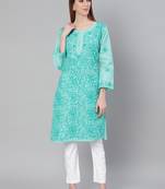 Sea-green embroidered cotton embroidered-kurtis