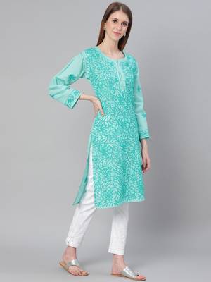 Sea-green embroidered cotton embroidered-kurtis 3