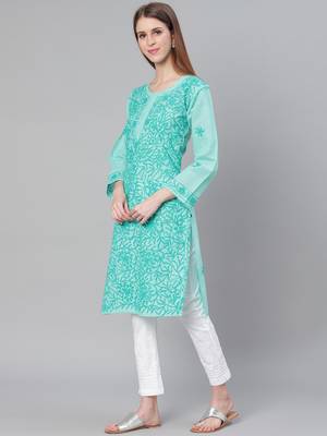 Sea-green embroidered cotton embroidered-kurtis 4