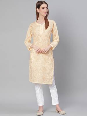 Beige embroidered cotton embroidered-kurtis 1