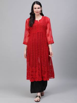 Red embroidered georgette embroidered-kurtis 1