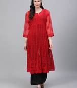 Red embroidered georgette embroidered-kurtis