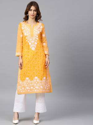 Yellow hand woven cotton embroidered-kurtis 1