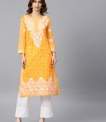Yellow hand woven cotton embroidered-kurtis