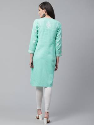 Sea-green hand woven cotton chikankari-kurtis 2