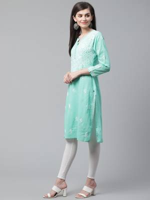 Sea-green hand woven cotton chikankari-kurtis 3