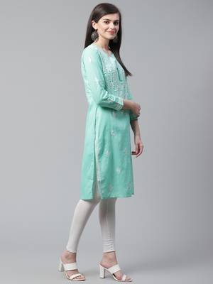 Sea-green hand woven cotton chikankari-kurtis 4