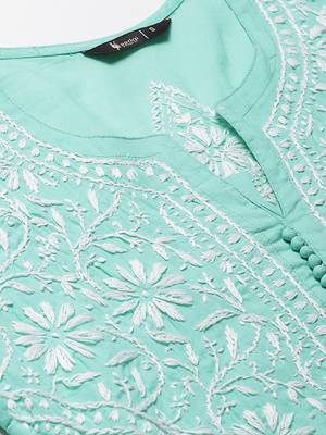 Sea-green hand woven cotton chikankari-kurtis 5