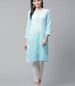Sky-blue hand woven cotton chikankari-kurtis