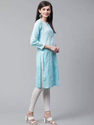 Sky-blue hand woven cotton chikankari-kurtis 3