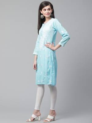 Sky-blue hand woven cotton chikankari-kurtis 4