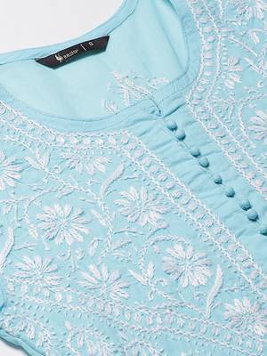 Sky-blue hand woven cotton chikankari-kurtis 5
