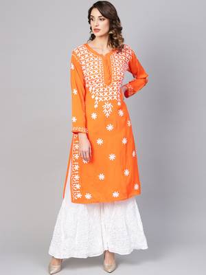 Orange embroidered cotton embroidered-kurtis 1