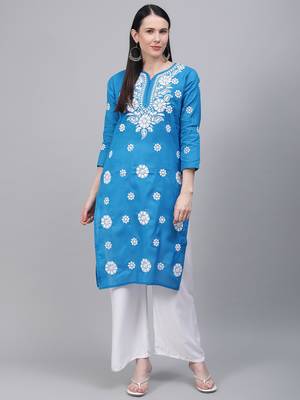 Blue embroidered cotton embroidered-kurtis 1