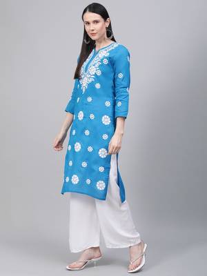 Blue embroidered cotton embroidered-kurtis 3