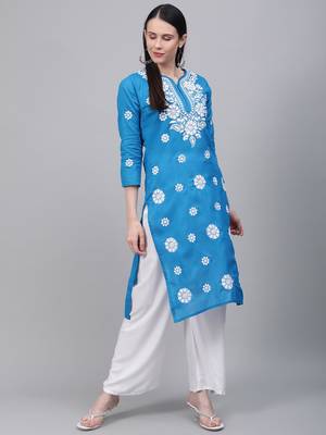 Blue embroidered cotton embroidered-kurtis 4