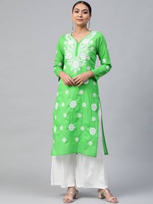 Parrot-green embroidered cotton embroidered-kurtis 1
