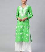 Parrot-green embroidered cotton embroidered-kurtis