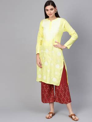 Yellow hand woven cotton chikankari-kurtis 1