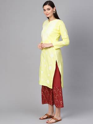 Yellow hand woven cotton chikankari-kurtis 3