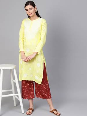 Yellow hand woven cotton chikankari-kurtis 4