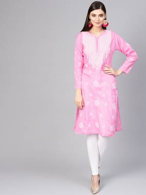 Pink hand woven cotton chikankari-kurtis 1