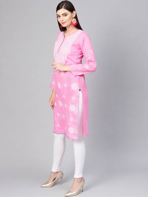 Pink hand woven cotton chikankari-kurtis 3