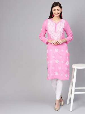 Pink hand woven cotton chikankari-kurtis 4