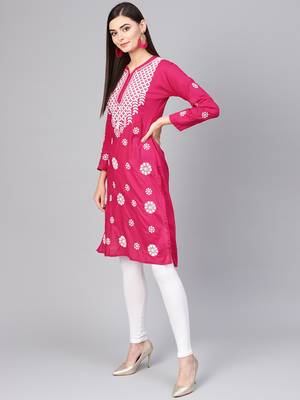 Red hand woven cotton chikankari-kurtis 3