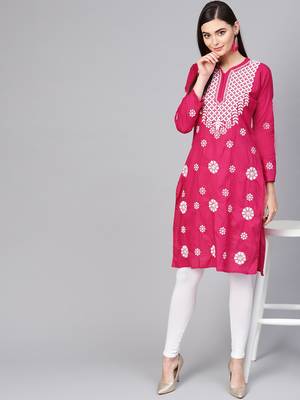 Red hand woven cotton chikankari-kurtis 4