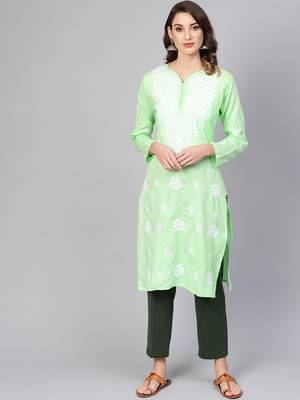 Green hand woven cotton chikankari-kurtis 1