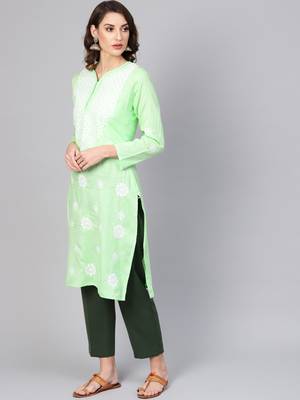 Green hand woven cotton chikankari-kurtis 3