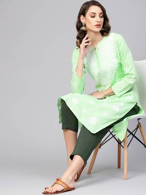Green hand woven cotton chikankari-kurtis 4
