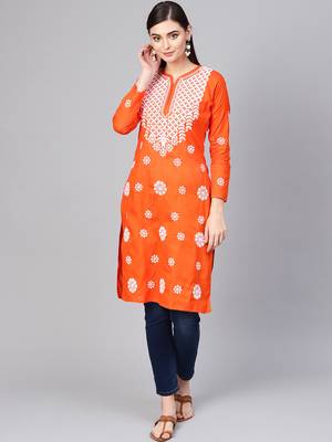 Orange hand woven cotton chikankari-kurtis 1