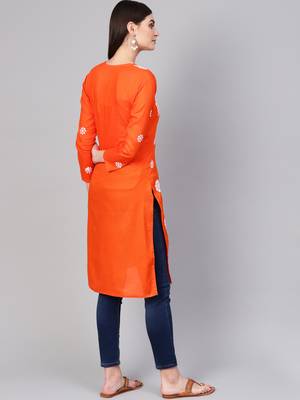 Orange hand woven cotton chikankari-kurtis 2