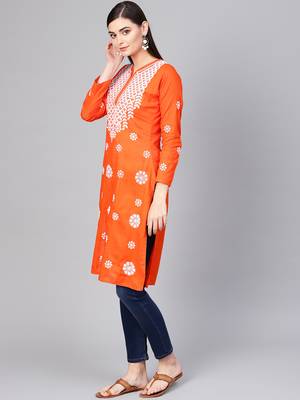 Orange hand woven cotton chikankari-kurtis 3