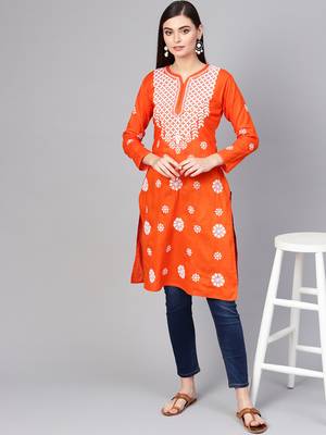 Orange hand woven cotton chikankari-kurtis 4