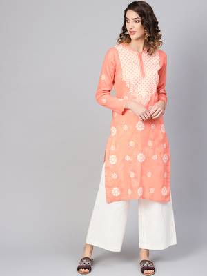 Peach hand woven cotton chikankari-kurtis 1