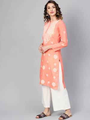 Peach hand woven cotton chikankari-kurtis 3